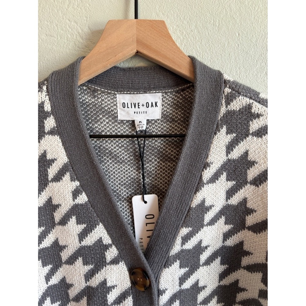 NEW Olive & Oak Gray and Cream Houndstooth Mid-Length Cardigan Large Petite - Picture 2 of 6